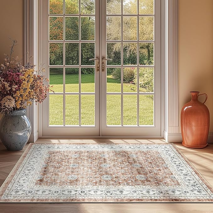 jinchan Washable Area Rug 3x5 Entryway Low Pile Boho Floral Print Rug Faux Wool Soft Indoor Doormat Stain Resistant Non-Slip Ultra-Thin Rug Kitchen Living Room Bedroom Dining Room Office Orange