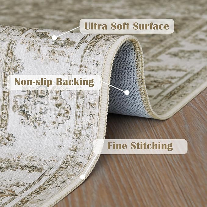 jinchan Runner Rug 3x8-2pcs Kitchen Washable Vintage Hallway Rug Floral Print Floor Cover Indoor Thin Retro Mat Accent for Bathroom Laundry Room Bedroom Office Farmhouse (Double,Taupe)