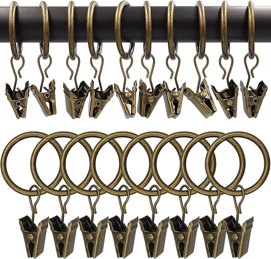 100 Pack Bronze Curtain Rings with Clips, Curtain Hooks Hangers Clip Rings for Hanging Drapes Bows Hat, Drapery Rings 1 in I D, Fits up to 5/8 in Diameter Curtain Rod.