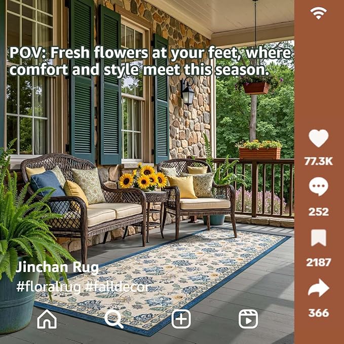 jinchan 3x10 Floral Runner Rug for Hallway Washable Kitchen Runner Vintage Romance Design Non Slip Thin Indoor Floor Cover Low-Profile Throw Carpet for Entryway Bathroom Bedroom Porch, Blue/Beige