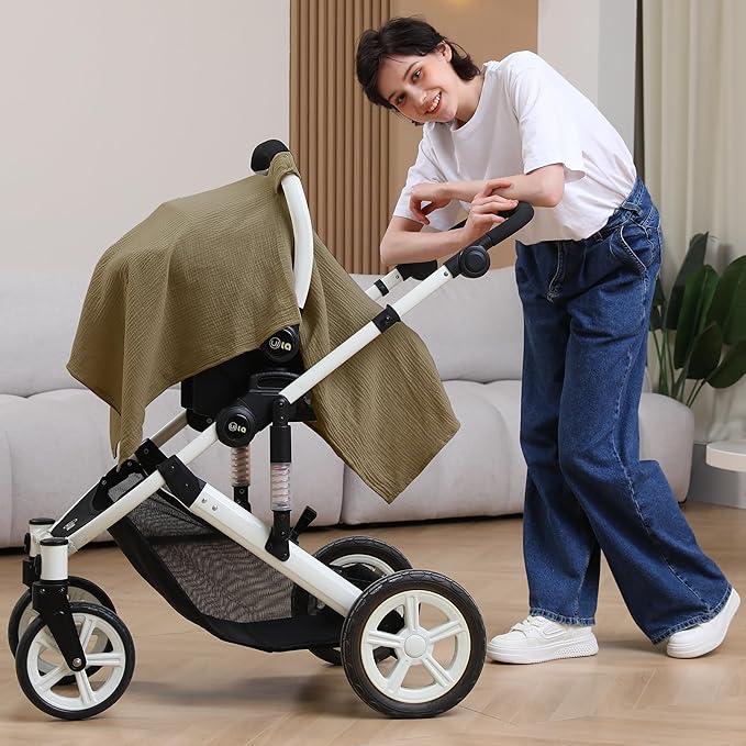 100% Muslin Cotton Car Seat Cover Baby, Carseat Canopy Cover, Universal Fit Stroller Covers for Boys and Girls (Coffee)