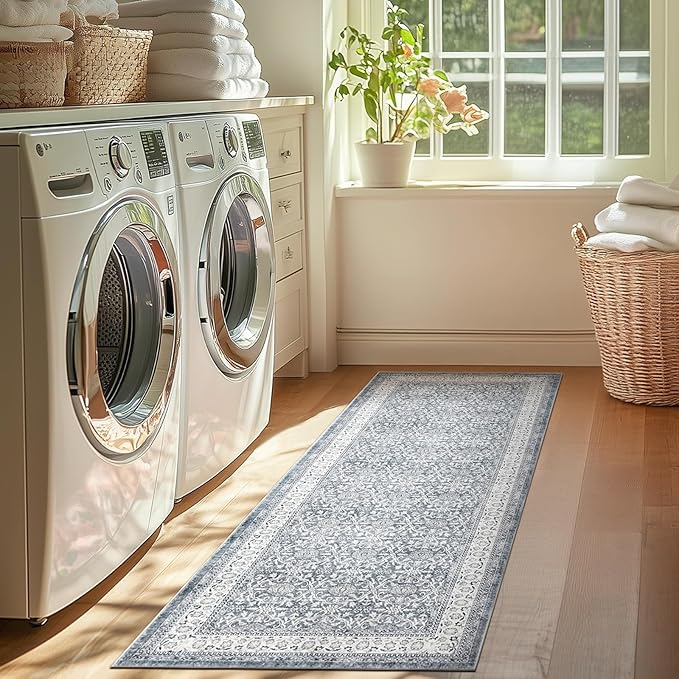 jinchan Floral Runner Rug 2x5 - Machine Washable Grey Vintage Distressed Design Soft Non-Slip Low-Pile Ultra-Thin Runner Rug for Kitchen Hallway Laundry Room Entryway Farmhouse (2‘x5',Grey)