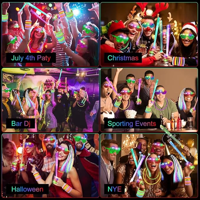 290 PCS Glow in the Dark Party Supplies, 200 Glow Sticks, 24 Fiber Optic Wands, 15 LED Glasses, 33 Finger Lights and 18 LED Hair Clips for Wedding, Birthday, Concert, Raves, New Year