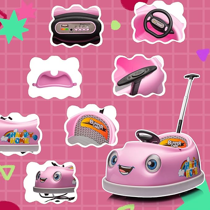 12V Dual Battery Electric Ride on Kids Bumper Car w/Remote Control,360 Degree Spin,Push Rod Rocker Horse Function,3-Speeds Babies & Toddlers Bumping Car Ride on Toy Gift for 1-4 Years Children (Pink)