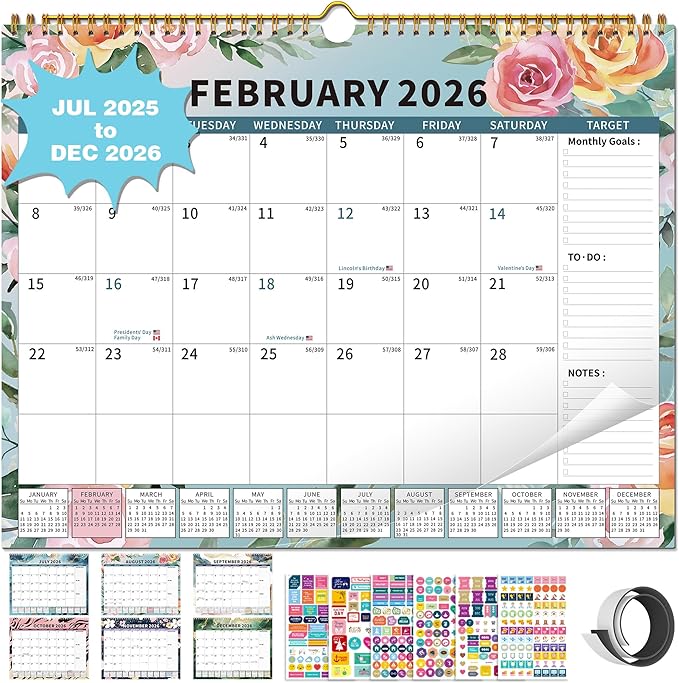 2025-2026Calendar, 18 Month Wall Calendar 2025-2026 Hanging Spiral Bound Magnetic Fridge Desk Calendars 15" x 12", Jul 2025 - Dec 2026, A- Small Rainbow