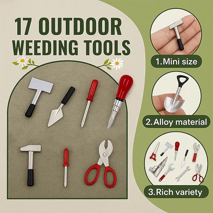 17PCS 1:12 Miniature Doll House Tools Metal Home Repair Multi-Tool Model Set Fun for Party Dollhouse Decoration Accessories Mini Yard Supplies Creative Pretend Toy (Tool)