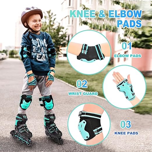 2PM SPORTS Knee Pads for Kids, Wrist Guards Knee and Elbow Pads Set with Drawstring Bag, Protective Gear Set for Girls Boys Roller Skating Cycling Skateboard - Mint Medium