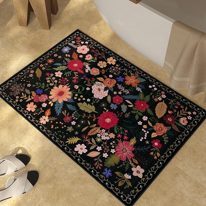 3x5 Area Rug, Floral Black Washable Rug for Entryway, Non Slip Flower Area Rugs, Soft Low Pile Indoor Doormat Small Carpet, Rugs for Living Room Bathroom Bedroom Nursery Kitchen Dining Room