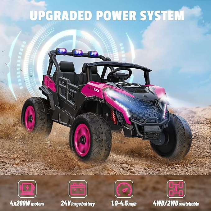 24V 2 Seater Ride on Car Truck, 4x200W, EVA Tires, 4WD/2WD, Rainbow Lights, Remote Control, Shock Absorbers, Bluetooth, Ride On UTV Toy for Kids Ages 3-8, Pink