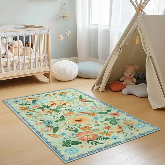 3x5 Rug for Living Room Washable Non Slip with Rubber Backing Soft Faux Fur Low Pile Stain Resistant Small Area Rug 3x5 Boho Vintage Floral Carpet Rug for Bedroom Kitchen Entrance，Green