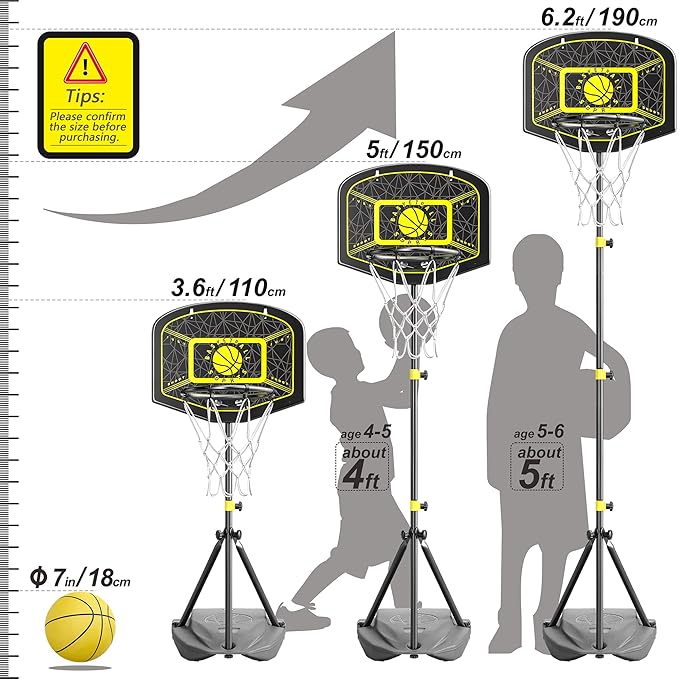 Kids Basketball Hoop Indoor Outdoor Portable Adjustable Height 3.6ft-6.2ft Toddler Basketball Hoop for Kids Boys Girls Age 3 4 5 6 7 8 Little Kids Basketball Goal Backyard Sports Toy Game Gifts