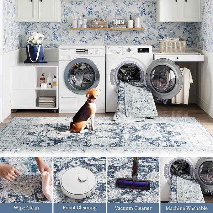 jinchan Floral 2x3 Rugs for Entryway - Vintage Washable Small Non-Slip Distressed Indoor Doormat Ultra-Thin Low-Pile Accent Rug for Entrance Kitchen Bedroom Bathroom (2x3ft,Dark Blue)