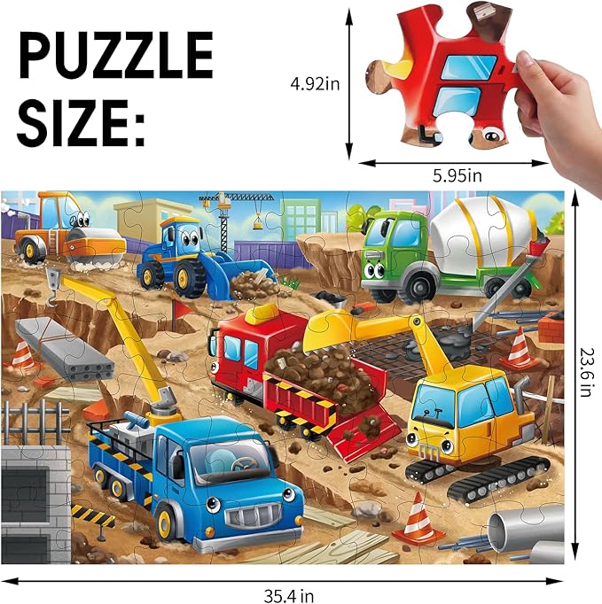 Jumbo Floor Puzzle for Kids,Construction Site Jigsaw Large Puzzles,48 Piece Construction Vehicle Puzzle for Toddler Ages 3-5,Children Learning Preschool Educational Toys,Gift for 4-8 Years Old
