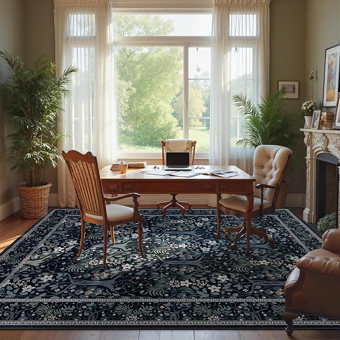 Joydeco Floral Living Room Rugs, Washable Large Bedroom Rug 8x10 Under Bed Non Slip, Soft Forest Botanical Low-Pile Floor Indoor Throw Carpet for Dining Table Home Office, Blue-Black