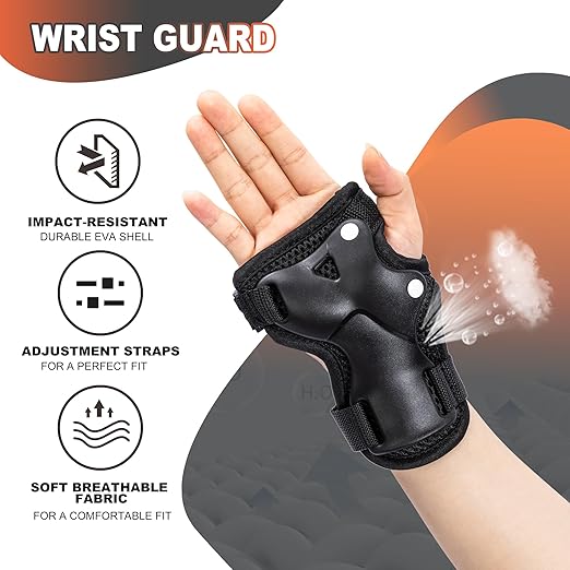 2PM SPORTS Knee Pads for Kids, Wrist Guards Knee and Elbow Pads Set with Drawstring Bag, Protective Gear Set for Girls Boys Roller Skating Cycling Skateboard - Black Small