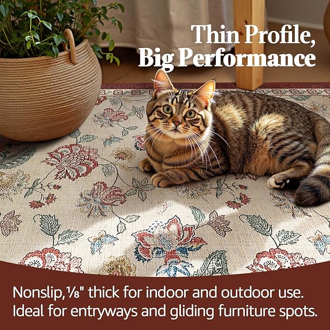 jinchan Floral Corner Rug for Kitchen Washable Nursery Rug Vintage Romance Design Non Slip Quarter Circle Lightweight Low-Pile Throw Carpet for Playroom Reading Nook Office, 5ft Radius, Red/Beige