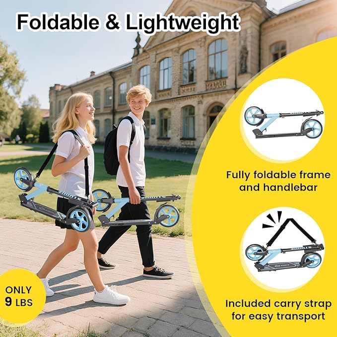 Kick Scooter for Kids Teens & Adults, 4 Adjustable Heights, 8IN All Terrain Big Wheels, Foldable and Lightweight, Gifts for Girls Boys