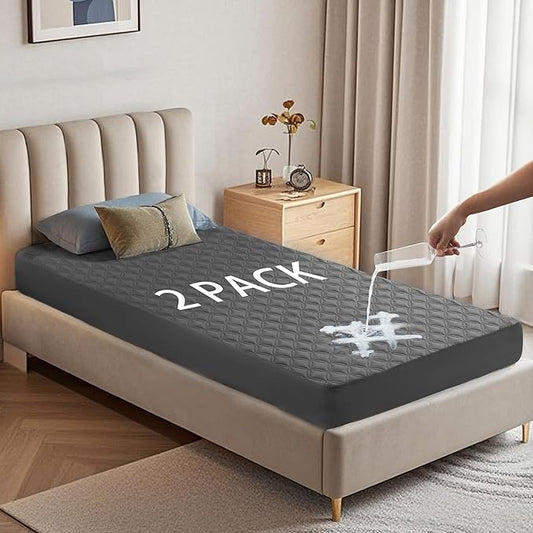 2 Pack Waterproof Mattress Protector, Twin XL Size Mattress Pad with Deep Pocket 6"-15" Depth, Soft Breathable Dirt-Proof Single Bed Mattress Cover for Bedroom, Dorm Room (Gray)