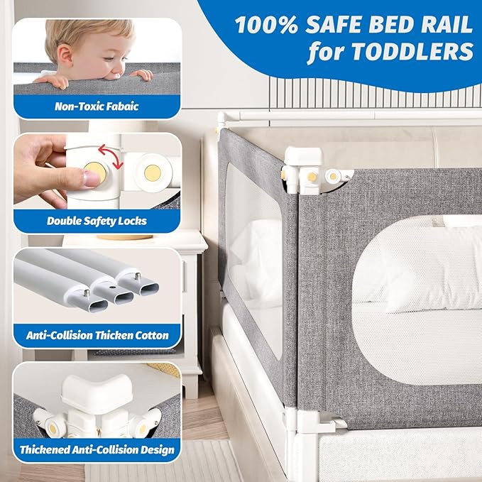 3-Piece California King Size Bed Rails for Toddlers, with Headboard Rod -Height Adjustable Baby' Safety Bed Rails Guard for California King Size Bed(3Pack 82.7"x82.7"x70.8"-Gray)
