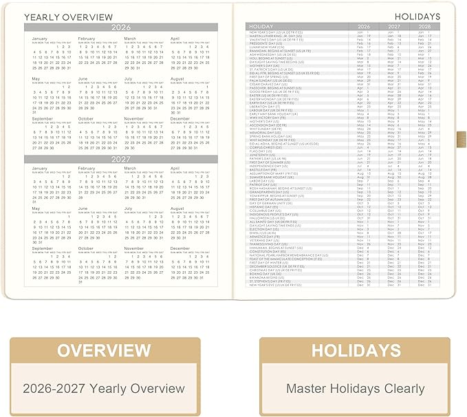 2026 Planner - JAN 2026 - DEC 2026, Planner 2026, Weekly and Monthly Planners, Leather Cover Planners with Thick Paper, Back Pocket with Notes Pages, Seashell Gold (8.5" x 11")