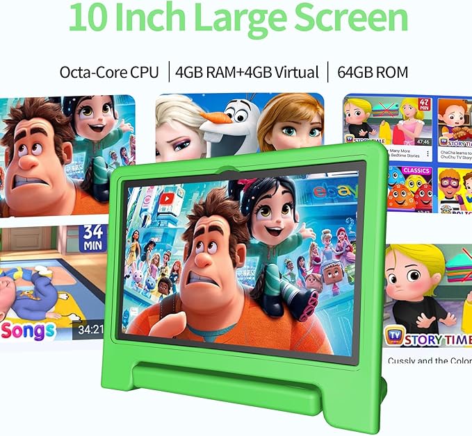 JREN Tablet for Kids｜10 Inch Kids Tablet Android 14｜Octa-core｜64GB｜WiFi ｜Bluetooth｜Parental Control｜Children Content｜Children Toddler Green