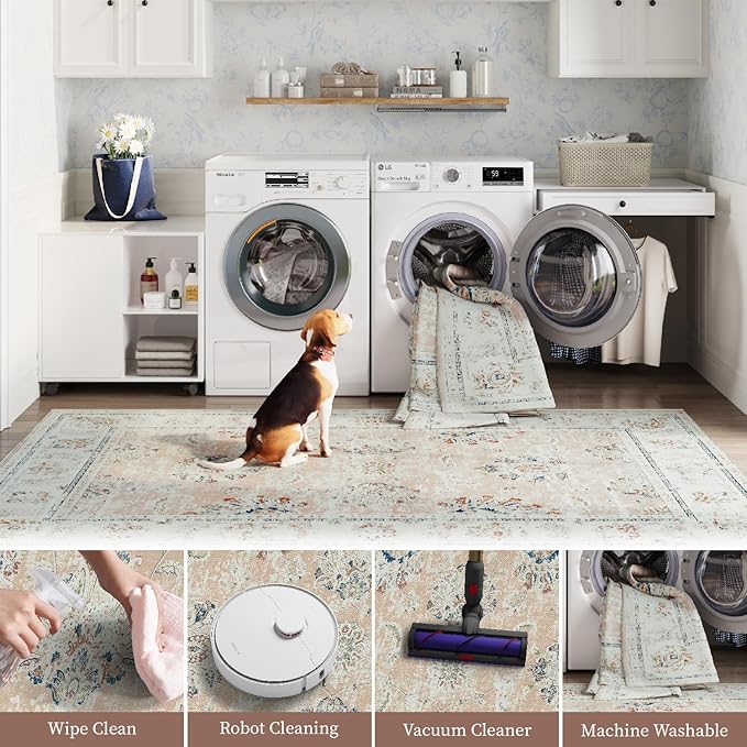 jinchan Washable Area Rug 5x7 Ultra-Thin Low Pile Non Slip Stain Resistant Soft Faux Wool Spring Floral Distressed Vintage Carpet for Bedroom,Living Room,Dining Room,Kitchen,Nursery(Pink, 5' x 7')