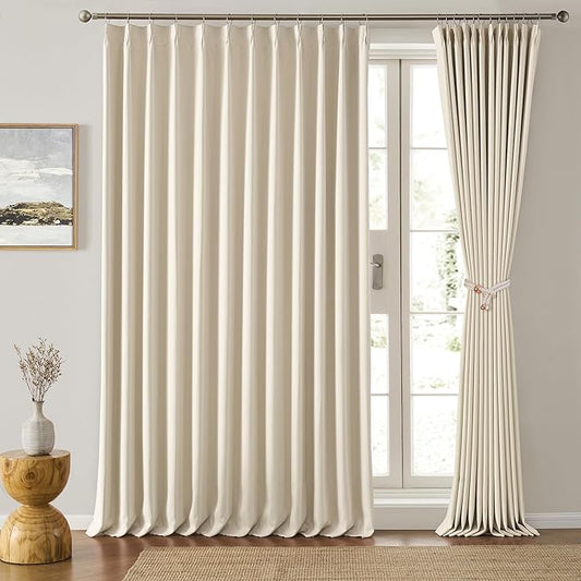 KEQIAOSUOCAI Extra Wide Curtains 80 x 102, Patio Sliding Door Pinch Pleated Blackout Curtains 102 Inches Long 2 Panels Set,Vertical Accordion Style Pleated Oversized Curtains with Hooks, Cream