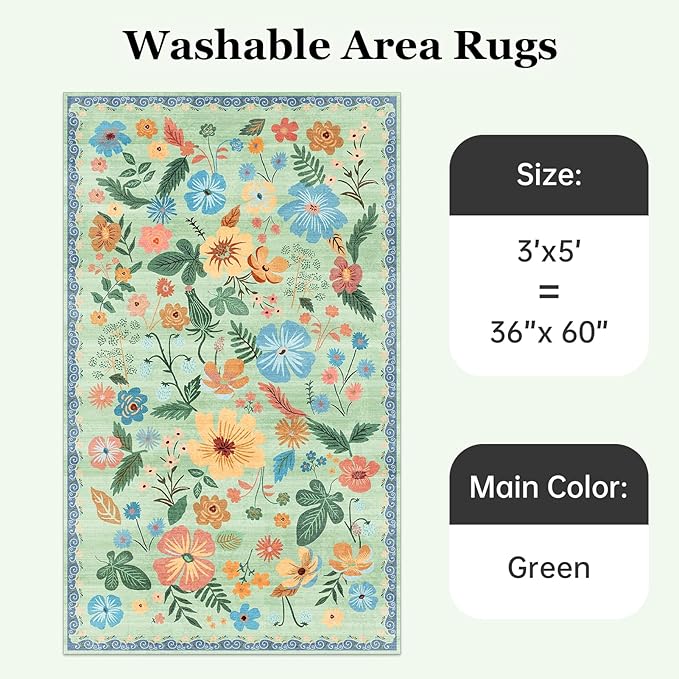 3x5 Rug for Living Room Washable Non Slip with Rubber Backing Soft Faux Fur Low Pile Stain Resistant Small Area Rug 3x5 Boho Vintage Floral Carpet Rug for Bedroom Kitchen Entrance，Green