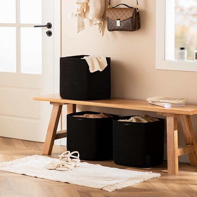 joybest Cube Storage Bins Set of 4, 13inch Cube Baskets Organizer for Nursery, Square Cotton Rope Baskets for Shelves Organizing, Kids Toy, Closet Storage, Black