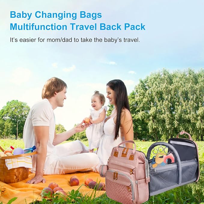 Jeryswet Baby Diaper Bags with Changing Station, Waterproof Large Capacity Diaper Bag Backpack for Moms Dads with USB Charging Port and Stroller Straps, Baby Shower Gifts, Pink