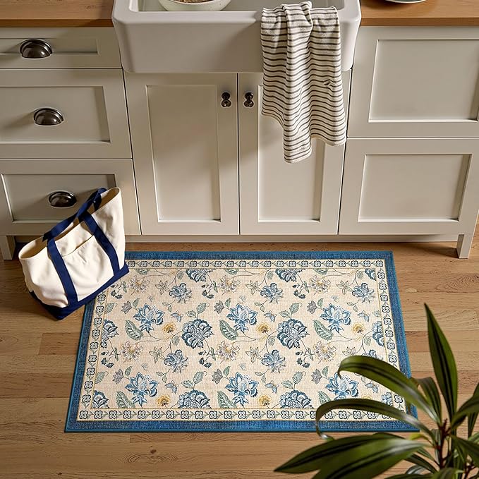 jinchan 2x3 Floral Rug for Entryway Washable Kitchen Rug Vintage Romance Design Small Mat Non Slip Indoor Doormat Lightweight Low-Profile Throw Carpet for Entrance Bathroom Laundry Room, Blue/Beige