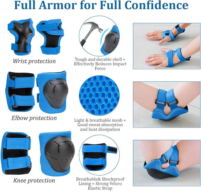KAMUGO Kids Adjustable Helmet, with Sports Protective Gear Set Knee Elbow Wrist Pads for Toddler Age 2-8 Boys Girls, Bike Skateboard Hoverboard Scooter Rollerblading Helmet Set