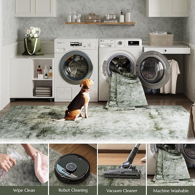 jinchan Green Floral 3x5 Area Rugs for Entryway - Machine Washable Vintage Distressed Design Low-Pile Soft Non-Shedding Carpet for Kitchen Bedside Laundry Living Room (3x5ft, Forest Green)