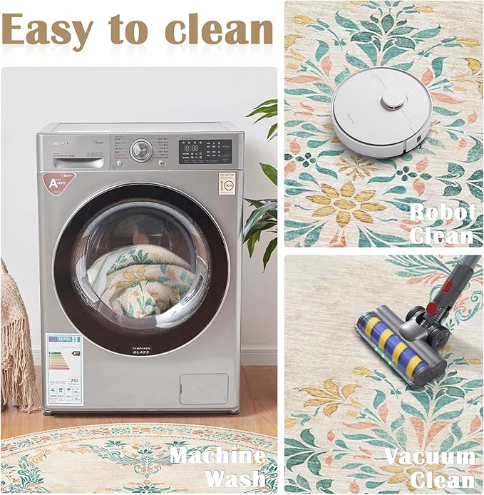 jinchan Round Rug 4ft Area Rugs Vintage Floral Distressed Design,Machine Washable Soft Non-Slip Low-Pile Ultra-Thin Circle Rug for Entryway Bedside Living Room Kitchen Nursery (4' Round,Apricot Multi)