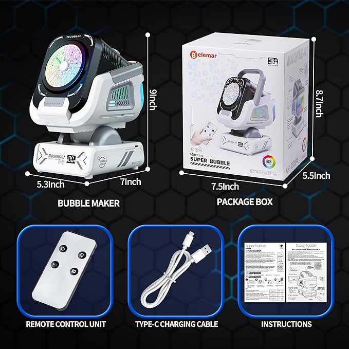 2025 Upgraded Bubble Machine with Remote Control, Automatic Rotation & RGB Lights, 1800mAh Rechargeable Battery, Type-C Charge, Bubble Maker for Kids, Weddings, Birthday Parties, Outdoor Activities