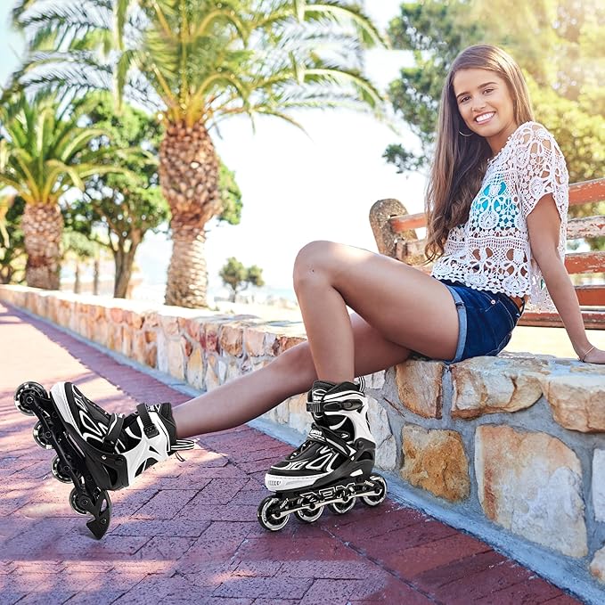 2PM SPORTS Vinal Girls Adjustable Flashing Inline Skates, All Wheels Light Up, Fun Illuminating Skates for Kids Men Adult Women and Boys