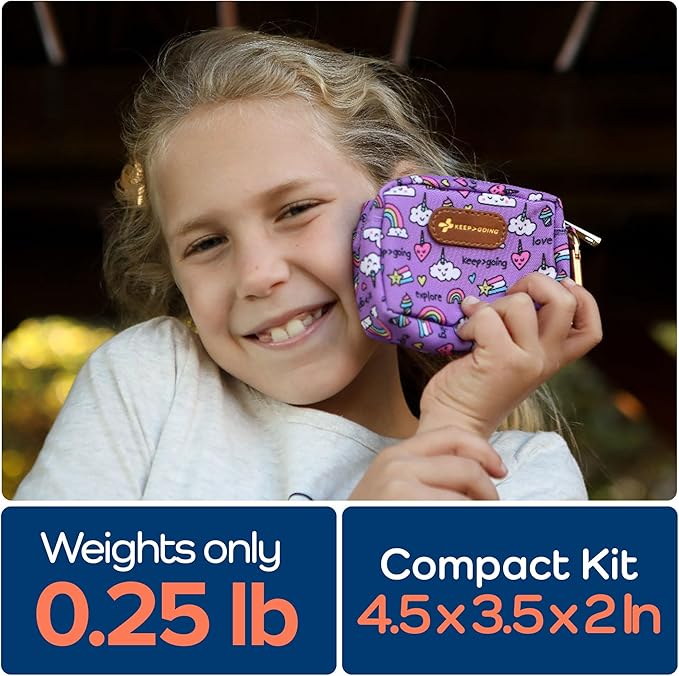 KeepGoing Small Travel First Aid Kit Kids – 60 Pc. Mini First Aid Kit for Purse, Diaper Bag, & Backpack with Latex-Free Bandages – 4 Oz., & 4.5 x 3.5 x 2 in, TSA-Approved