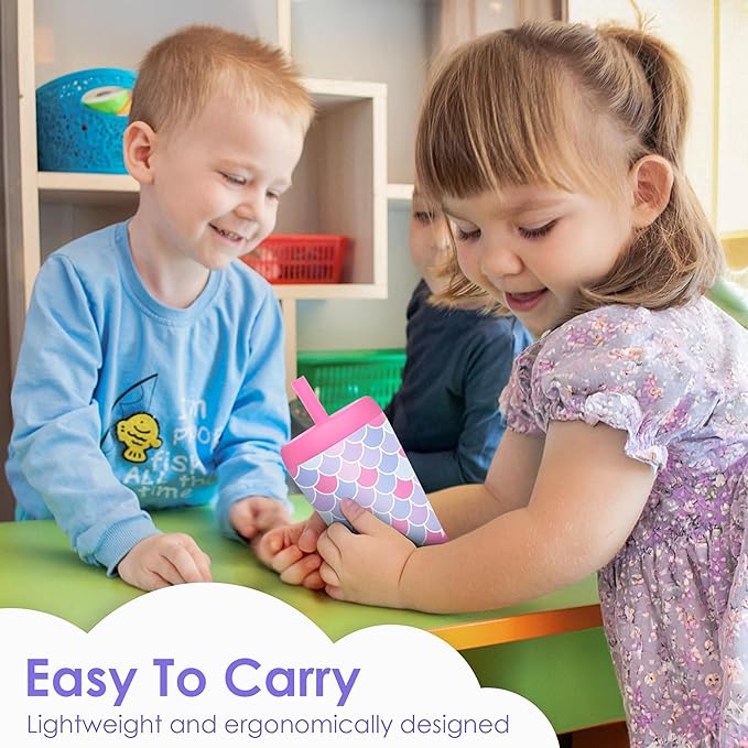 Kid Insulated Stainless Steel Tumbler with Silicone Straw, 12oz Sippy Cup for Kids (Mermaid Scale)