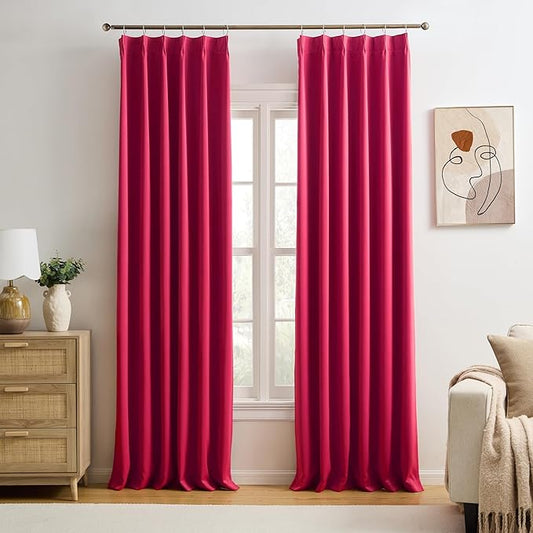 KEQIAOSUOCAI Pinch Pleated Curtains 108 Inches Long, Energy Saving Window Treatment Privacy Drapery for Living Room, Vertical Track System Elegant Hook Panels(Hot Pink, 2 PCs, W40 x L108)