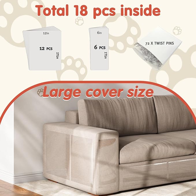 18 Pcs Large Cat Scratch Furniture Protector, Transparent Couch Protector from Cat Claws, Single-Sided Self Adhesive Anti Pet Deterrent Sofa Cover, 17in