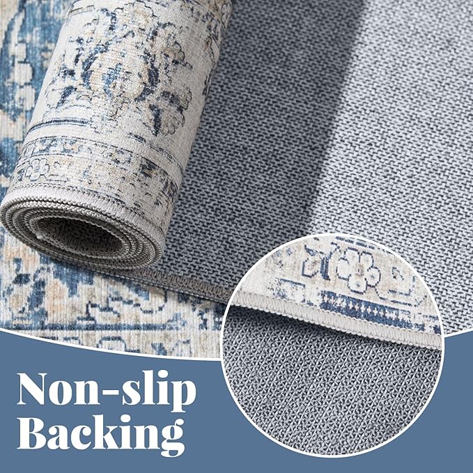 jinchan Runner Rug 2x5 Machine Washable Hallway Rug Dark Blue Vintage Floral Print Non-Slip Low Pile Ultra-Thin for Kitchen,Entryway,Laundry Room,Bedroom,Farmhouse (2‘x5’,Dark Blue)