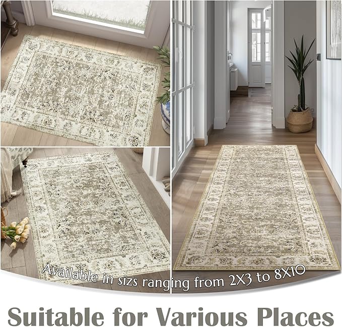 jinchan Hallway Runner Rug 3x8 Washable Runner - Vintage Floral Non Slip Low-Pile Soft Thin Faux Wool Kitchen Rug Distressed Carpet for Farmhouse Bedroom Laundry Room(3x8ft,Taupe)