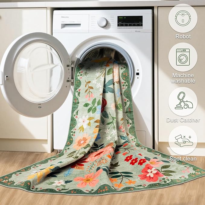 10x14 Area Rugs for Living Room: Floral Washable Rug Vintage Large Soft Boho Non-Slip Carpet Indoor Stain Resistant Low Pile Carpets for Bedroom Dining Room Farmhouse Nursery Hallway Home Office Green