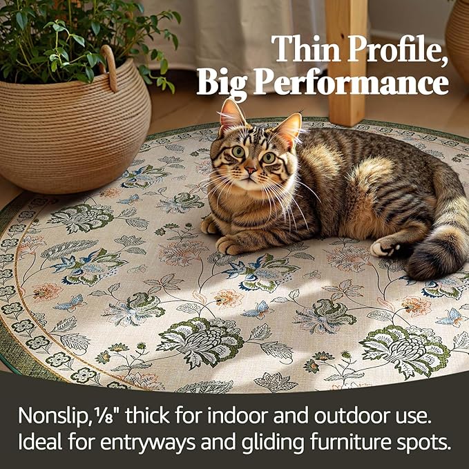 jinchan 7ft Floral Round Rug for Dining Room Washable Living Room Rug Vintage Romance Design Non Slip Indoor Floor Cover Lightweight Low-Profile Throw Carpet for Bedroom Porch Patio, Green/Beige