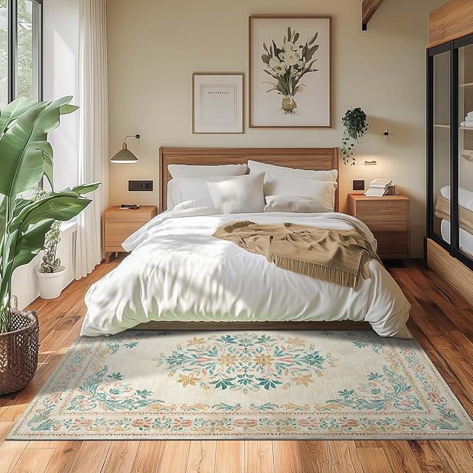 jinchan Floral 4x6 Area Rugs for Nursery - Machine Washable Vintage Distressed Design Soft Ultra-Thin Low-Pile Non-Slip Kids Carpet for Bedroom Living Room Dining Room Home Office (4x6ft,Apricot)