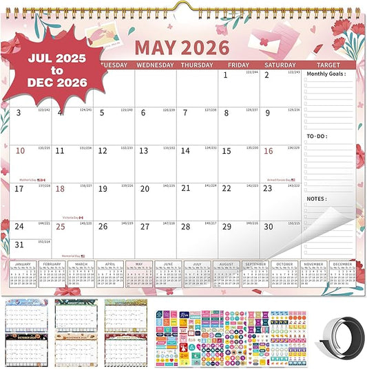 2025-2026 Calendar, 18 Month Wall Calendar 2025-2026 Hanging Spiral Bound Magnetic Fridge Desk Calendars 15" x 12", Jul 2025 - Dec 2026, A- Small Colorful