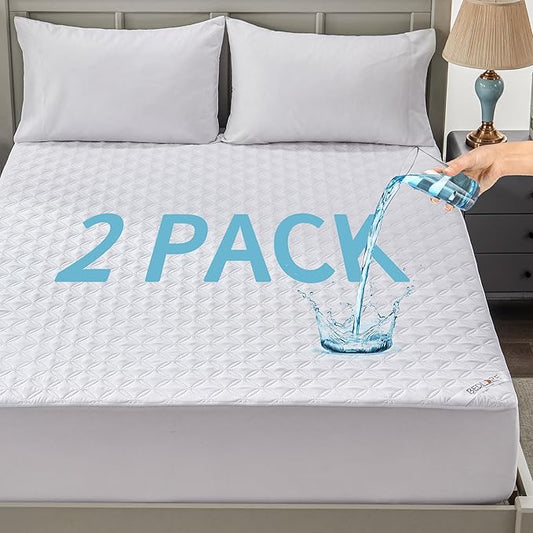 2 Pack Waterproof Mattress Protector, Twin Size Mattress Pad with Deep Pocket Fitted Up to 6-15 inches, Soft Noiseless Single Bed Mattress Cover for Bedroom, Dorm Room
