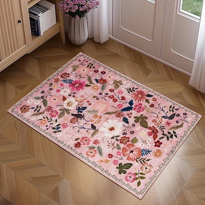 2x3 Washable Entryway Rugs Pink Boho Vintage Floral Pattern Non Slip with Rubber Backing Small Rugs Stain Resistant Faux Fur Low Pile Door Mat for Front Door Kitchen Bedroom Girls Bathroom Laundry