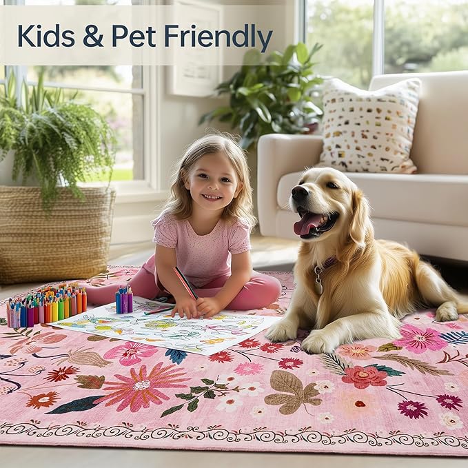 2x3 Washable Entryway Rugs Pink Boho Vintage Floral Pattern Non Slip with Rubber Backing Small Rugs Stain Resistant Faux Fur Low Pile Door Mat for Front Door Kitchen Bedroom Girls Bathroom Laundry