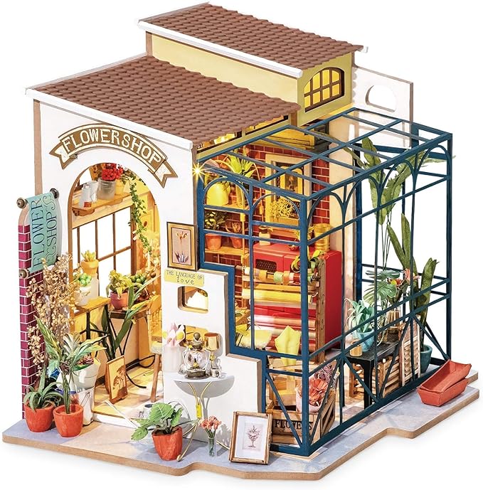 Rolife DIY Miniature House Kit Flower Shop, Tiny House Kit for Adults to Build, Mini House Making Kit with Furniture, Halloween/Christmas Decorations/Gifts for Family and Friends(Emily's Flower Shop)